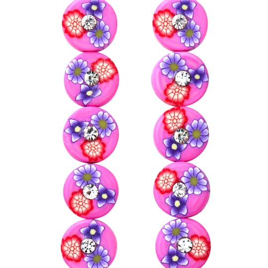 Pink Flower Rhinestone Clay Lentil Beads, 10mm by Bead Landing™